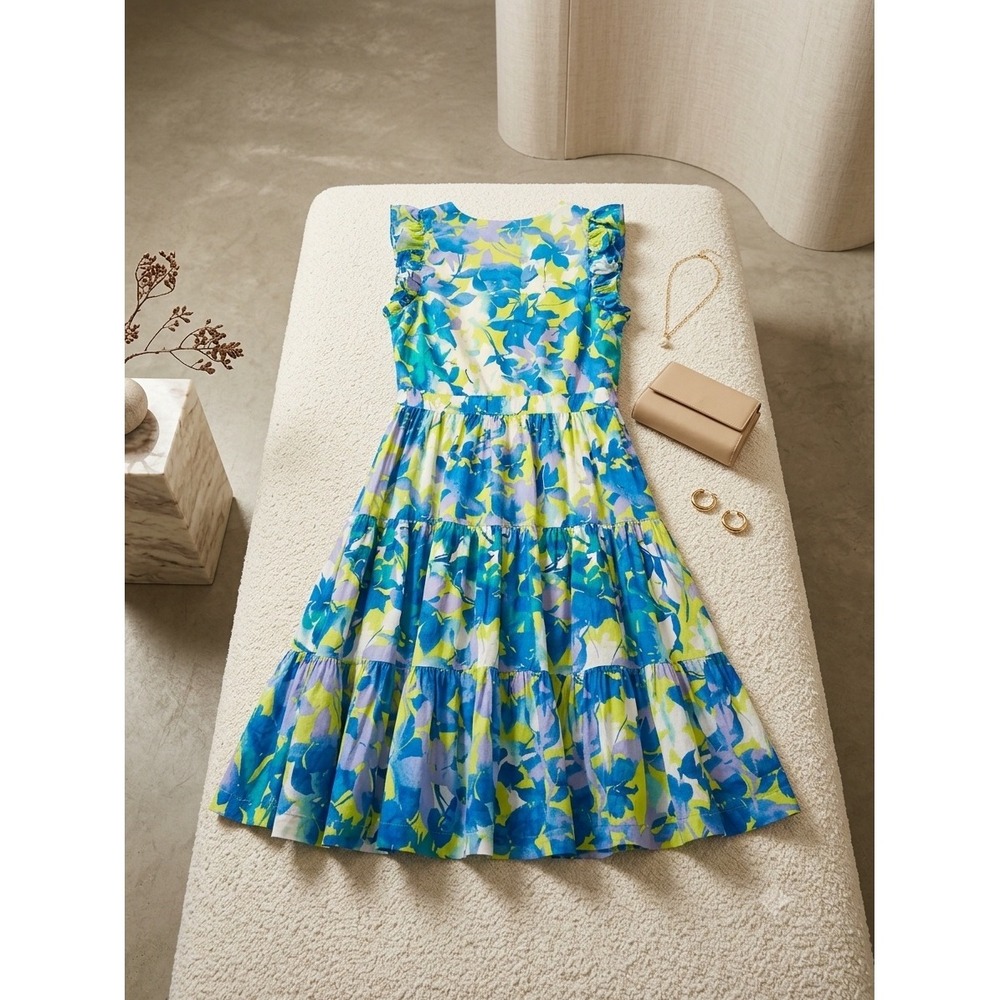 Taylor Floral Tiered Midi Dress Blue Green Purple Ruffle Sleeve V-Neck Size M